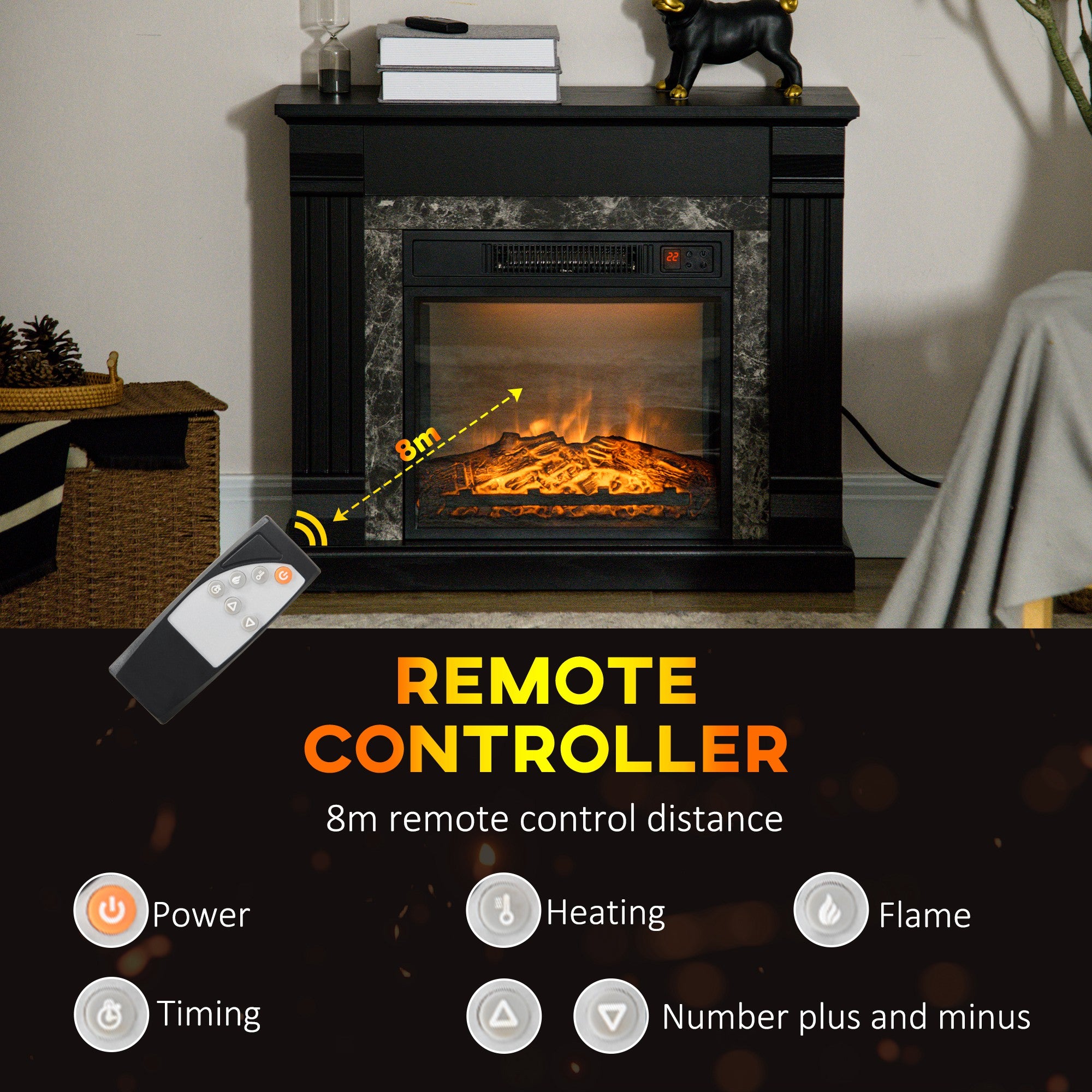 Easton electric fireplace mantel with a remote controller showcasing heat settings and flame effects at 8m distance.