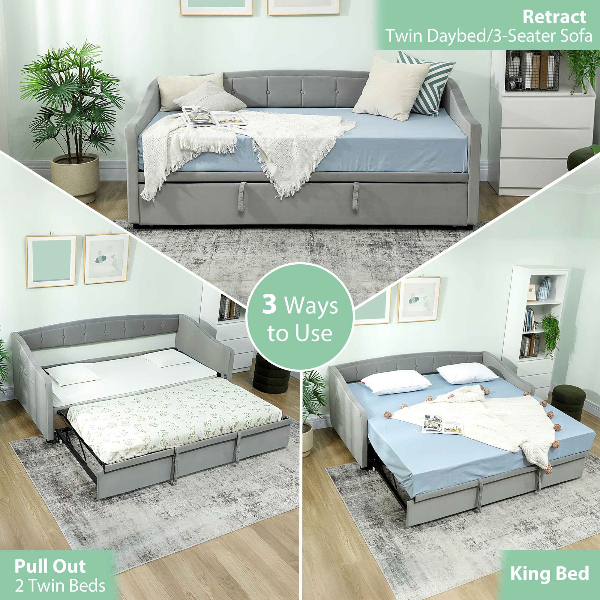 Atlas Upholstered Twin Size Trundle Bed, Velvet Twin to King Day Bed with Pop Up Trundle, Headboard and 2 Pockets-Light Grey