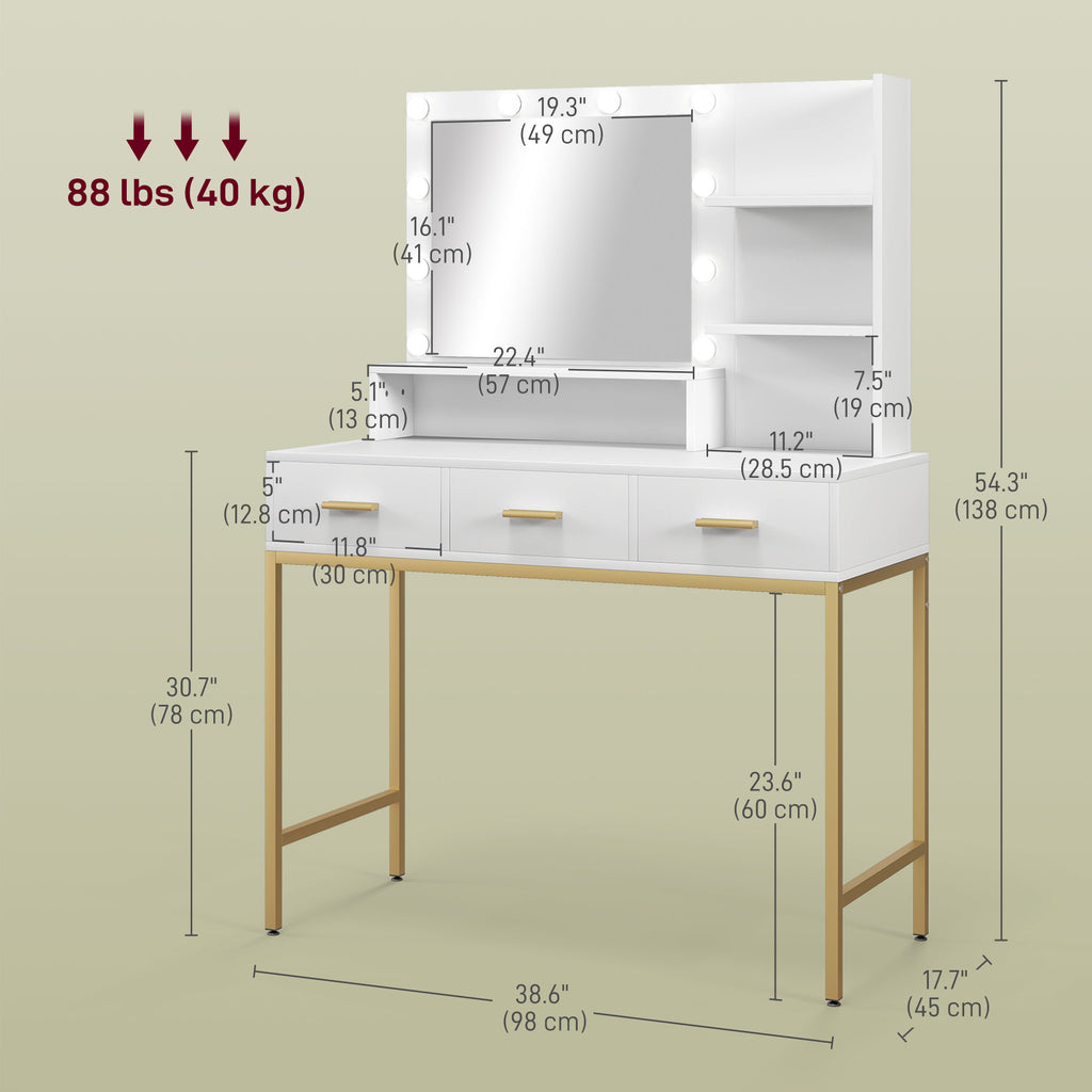 Sophia Illuminated Dressing Table, LED Vanity Table with Mirror, 3 Drawers and Storage Shelves for Bedroom, White
