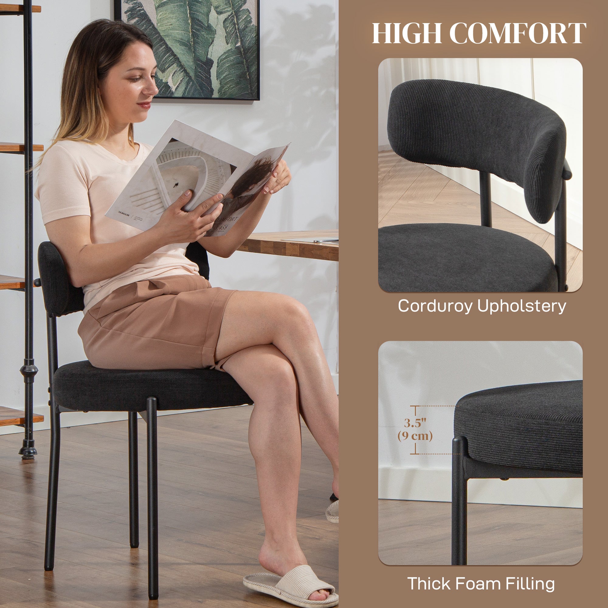 Cruz 4 Pieces Kitchen Chairs, Modern Dining Chairs w/ Corduroy Upholstery and Steel Legs for Living Room, Black