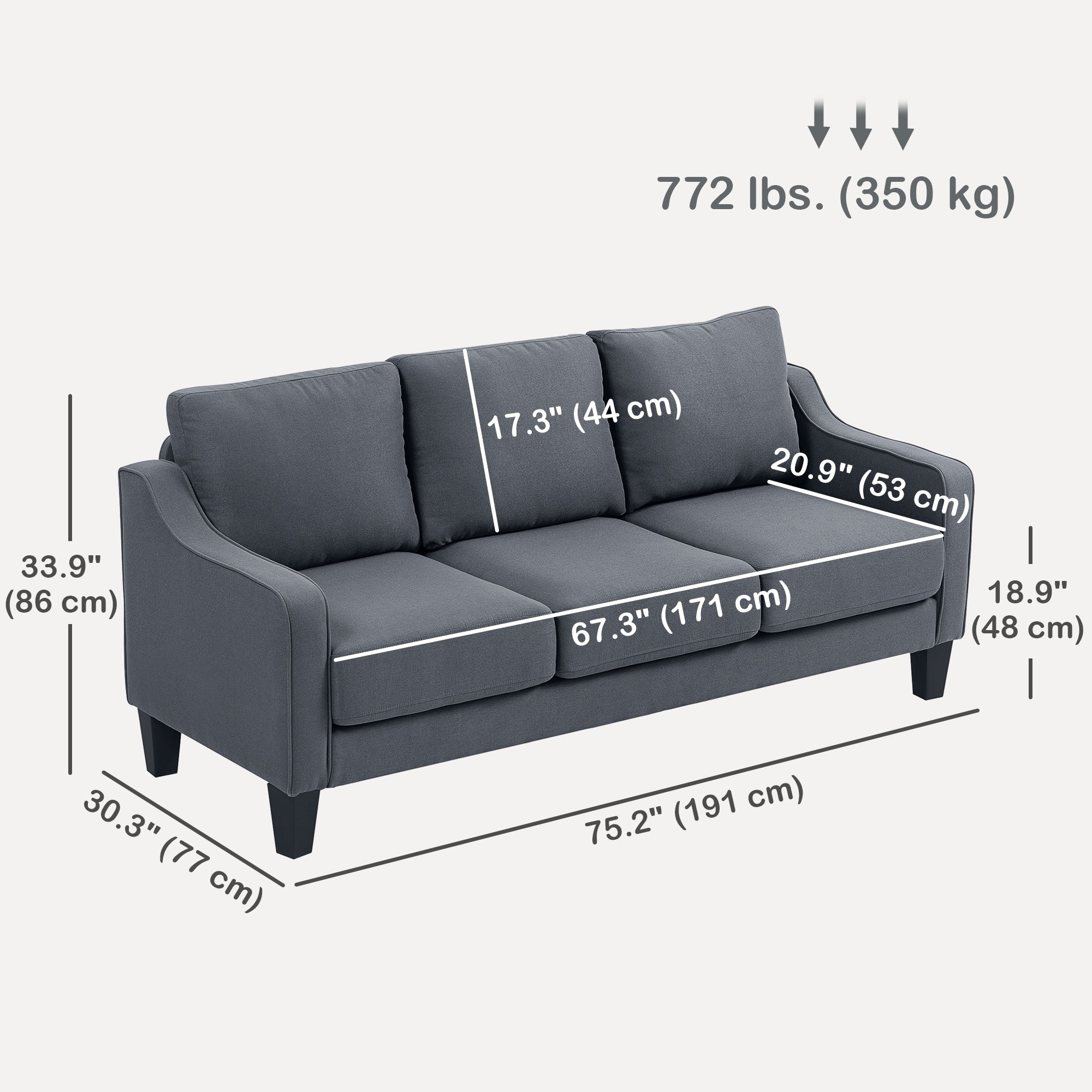 Drew Modern 3 Seater Linen Upholstered Sofa-Charcoal Grey