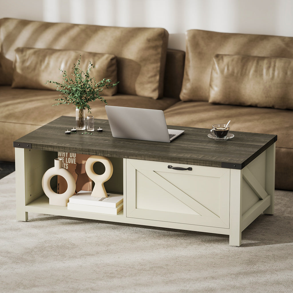 Lowen Farmhouse Coffee Table with Drawer, Open Storage Shelf for Living Room, Dining Room, Office, Distressed White