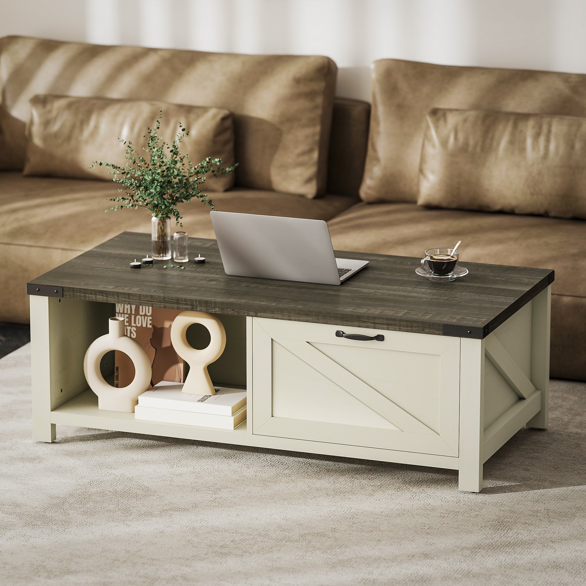 Lowen Farmhouse Coffee Table with Drawer, Open Storage Shelf for Living Room, Dining Room, Office, Distressed White