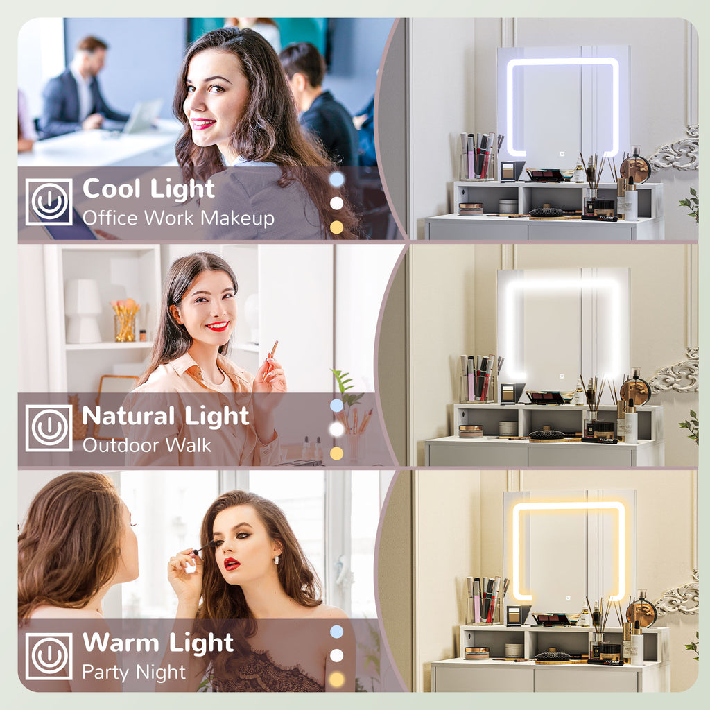 Zee Makeup Vanity Desk with Mirror and LED Lights, for Bedroom, Modern Dressing Table with Drawers, Compartments, White
