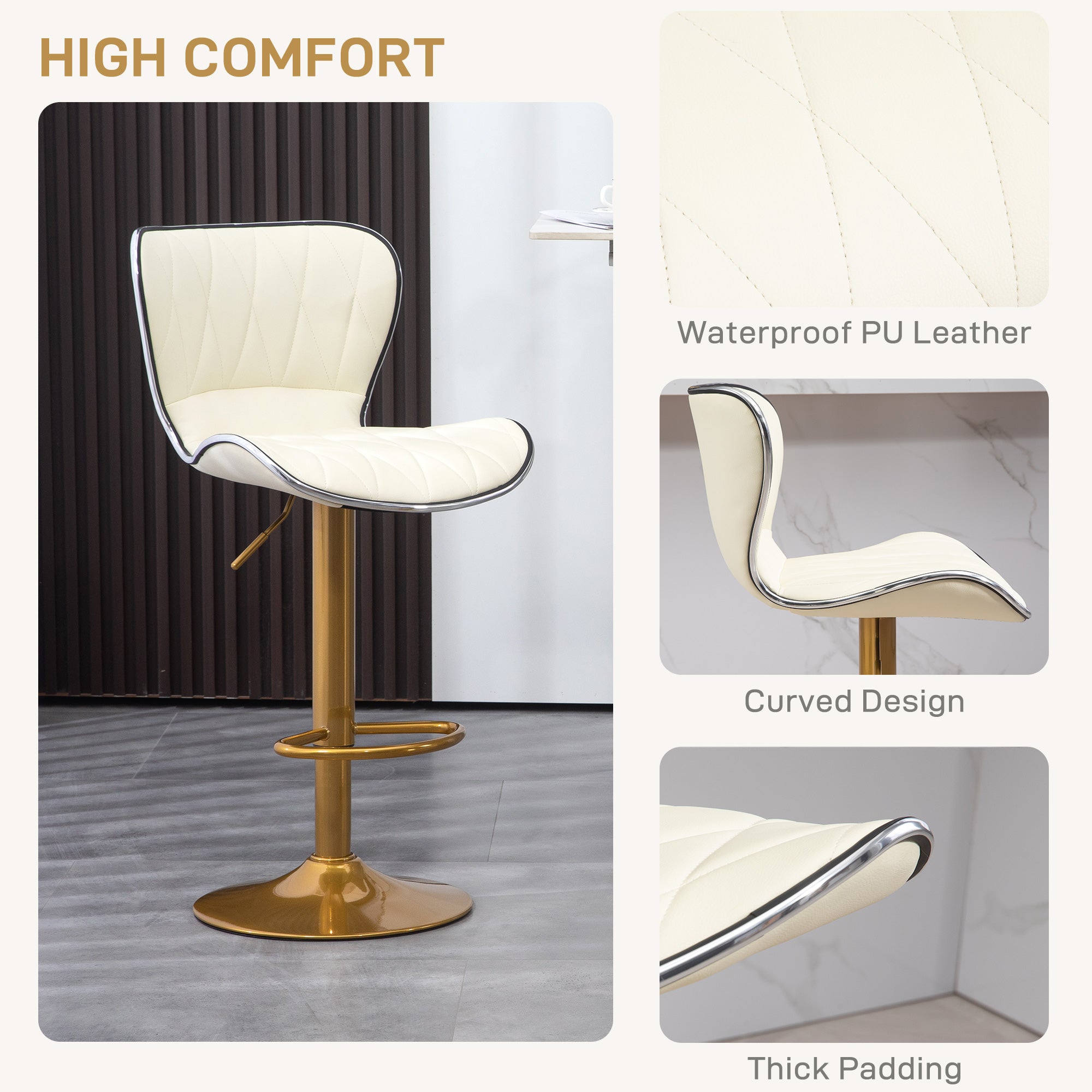 Maxi Counter Height Bar Stools Set of 2, Adjustable Height Bar Chairs with Swivel Seat, PU Leather Upholstery-White/Gold