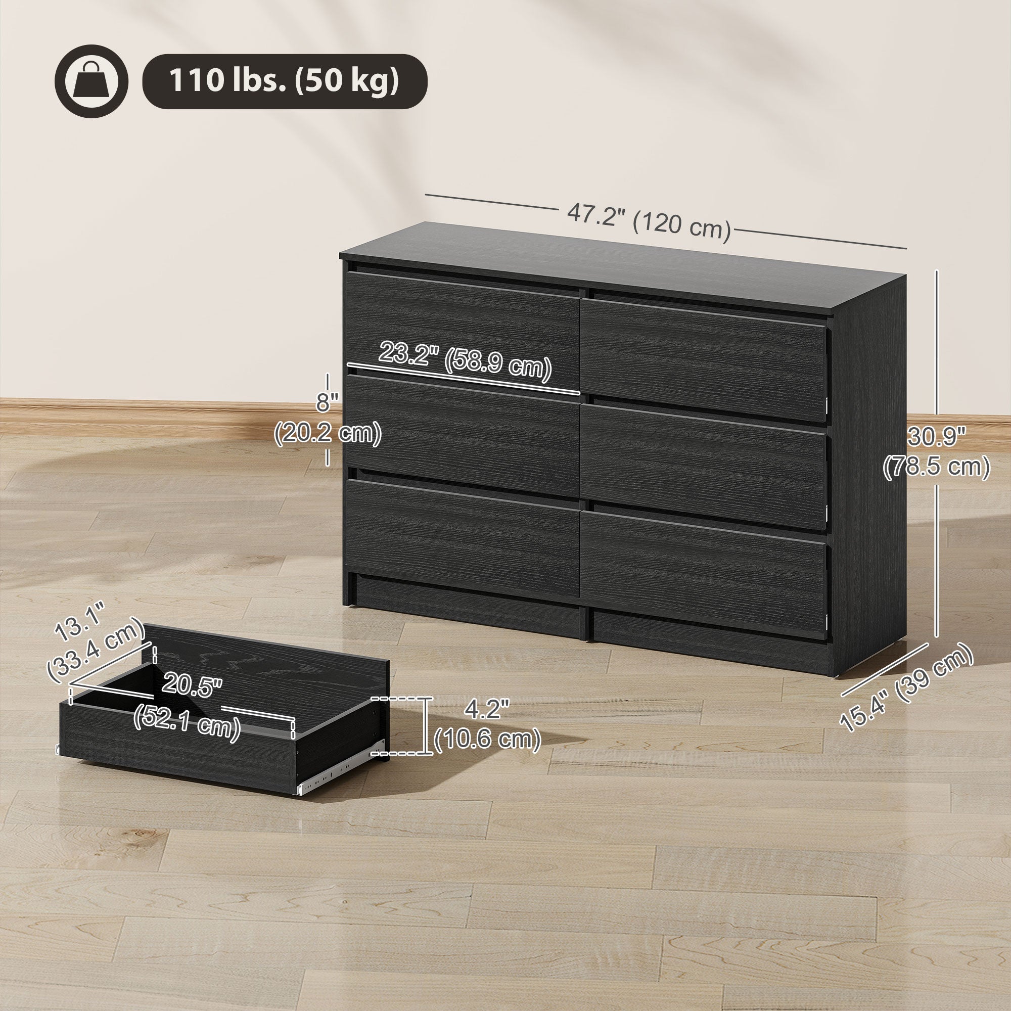 River  6 Drawer Dresser for Bedroom, Living Room, Hallway, Modern Clothes Storage Organizer, Black