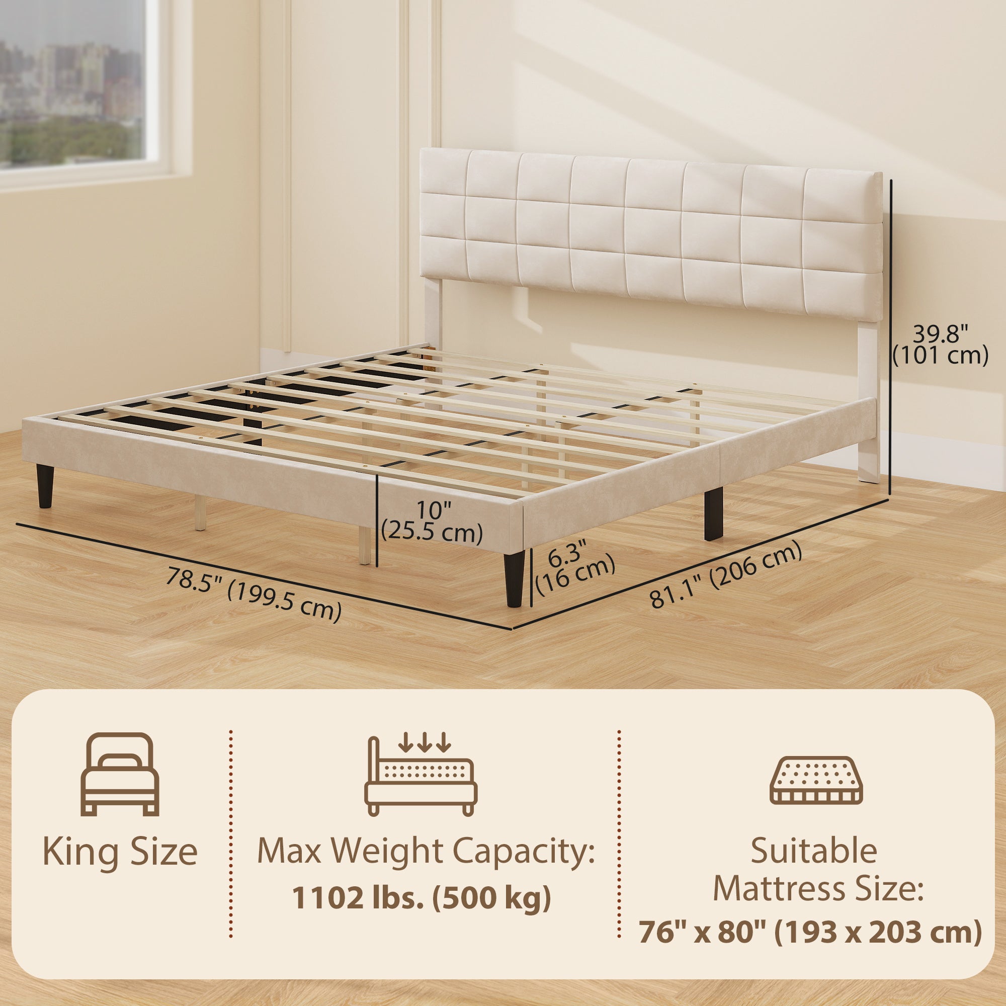 Harper King Size Bed Frame with Upholstered Headboard, Modern Platform Bed Frame with Wood Slats, 1100 lbs Capacity, Cream