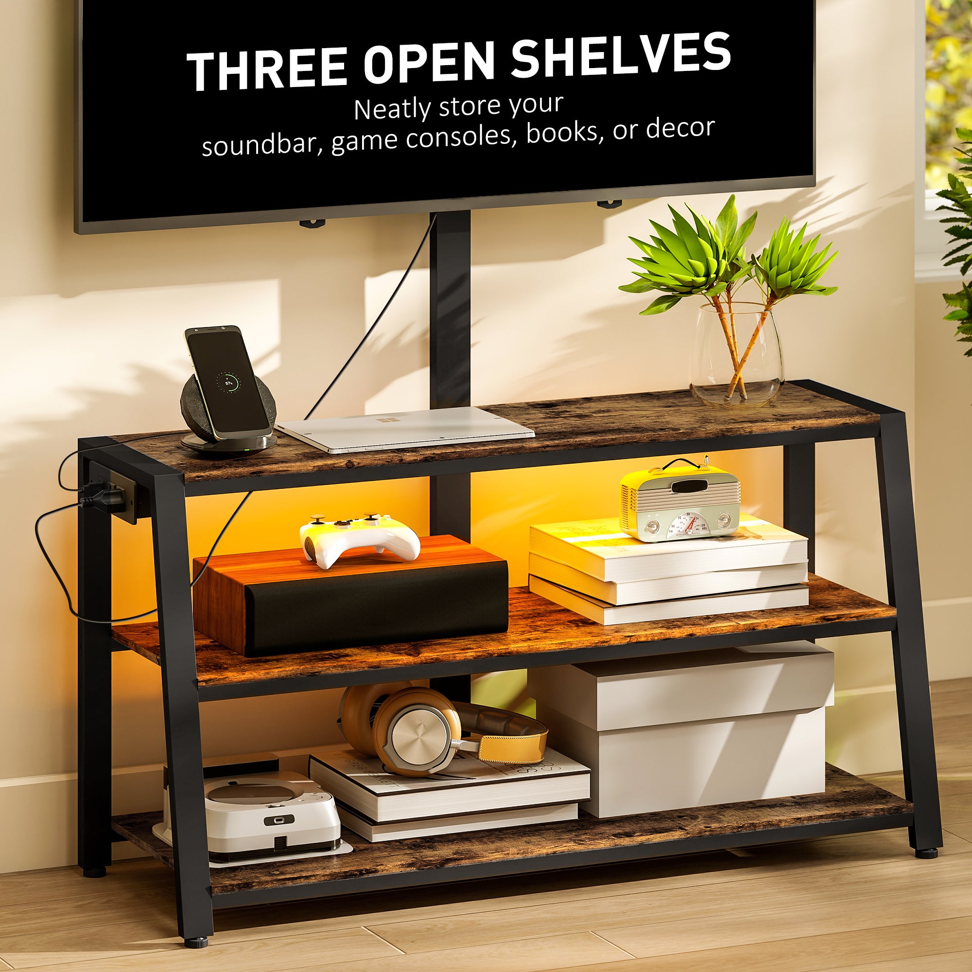 Bay TV Stand with Mount and Power Outlet, Swivel TV Stand Mount with LED Lights for 32-70 Inch TVs for Living Room, Bedroom