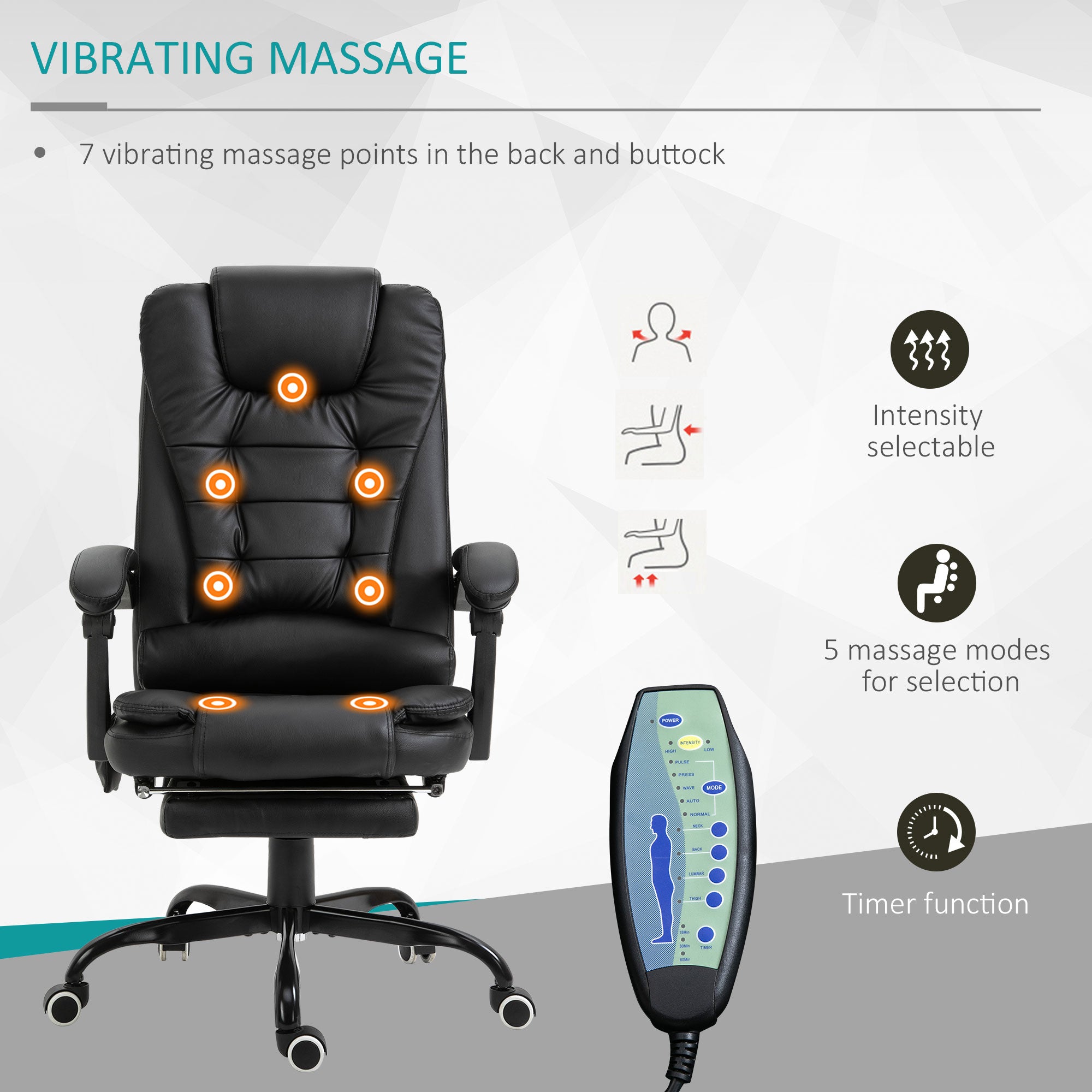 Declan Office Chair with Recliner and  Footrest, Vibrating Massage, Adjustable Height, Perfect Office, Black