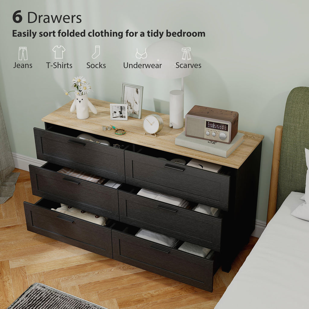 Martha 47" Wide Modern Dresser with 6 Drawers for Bedroom, Living Room and Entryway-Black
