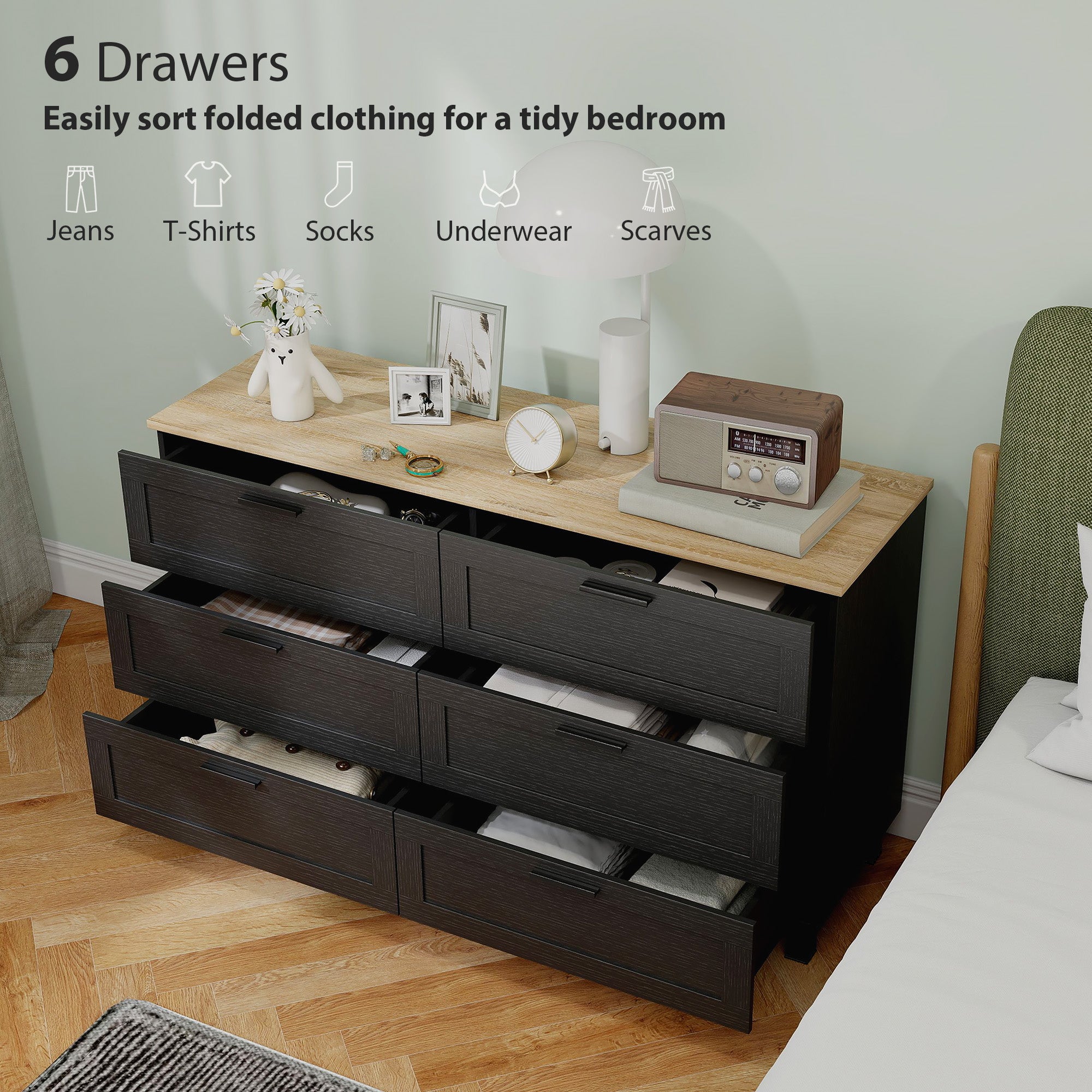 Martha 47" Wide Modern Dresser with 6 Drawers for Bedroom, Living Room and Entryway-Black