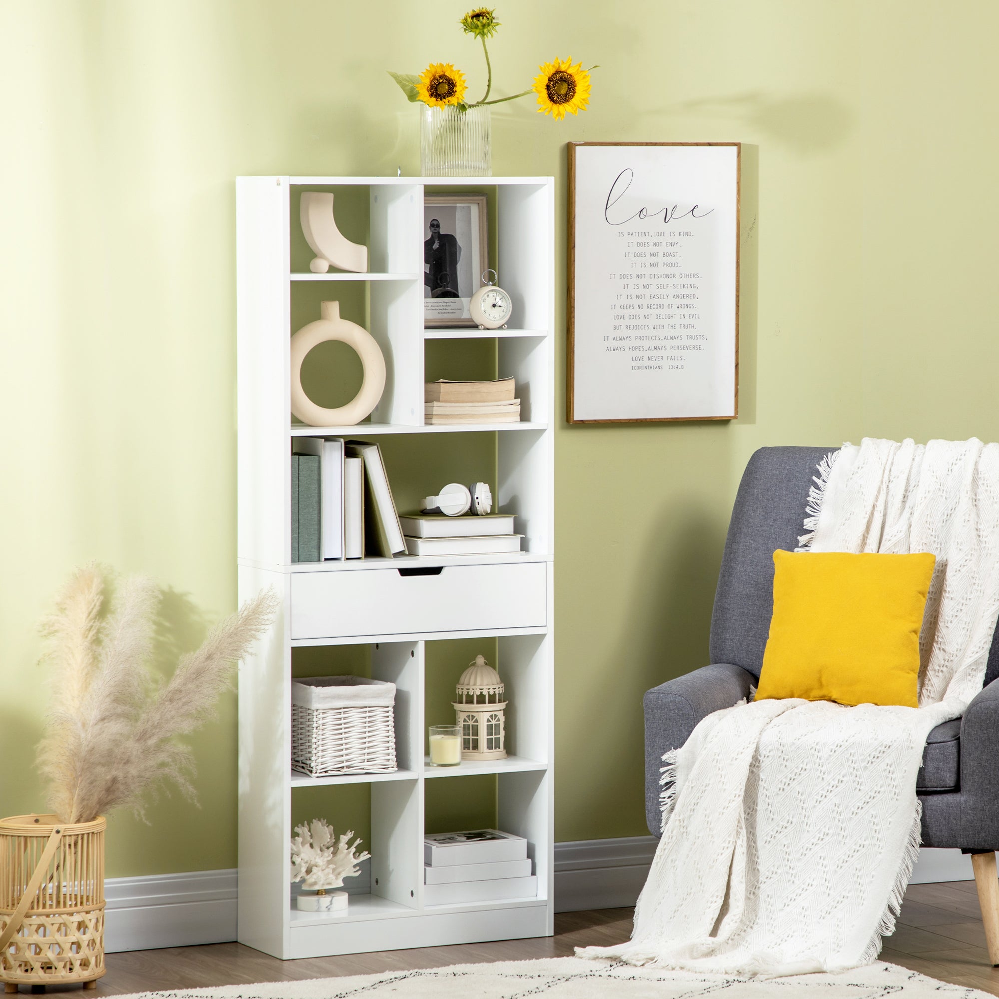 Julian Tall Freestanding Bookshelf with Drawer for Bedroom, Living Room and Home Office-White