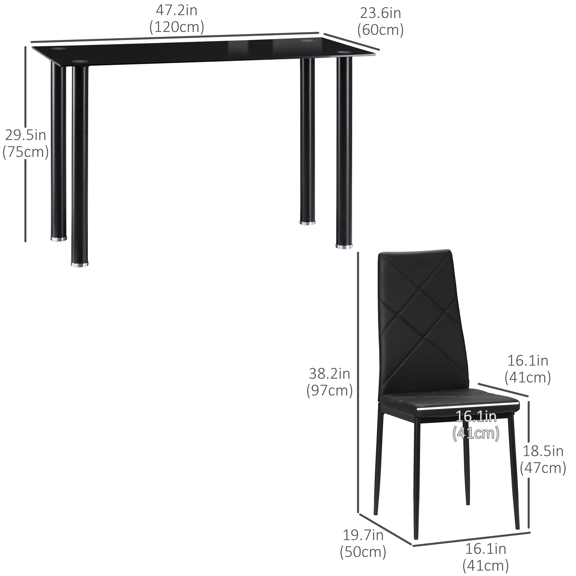 Adam Dining Table and Chairs Set for 4, Modern 5 Pieces Kitchen Table Set with Glass Table, Padded Seat and Steel Frame