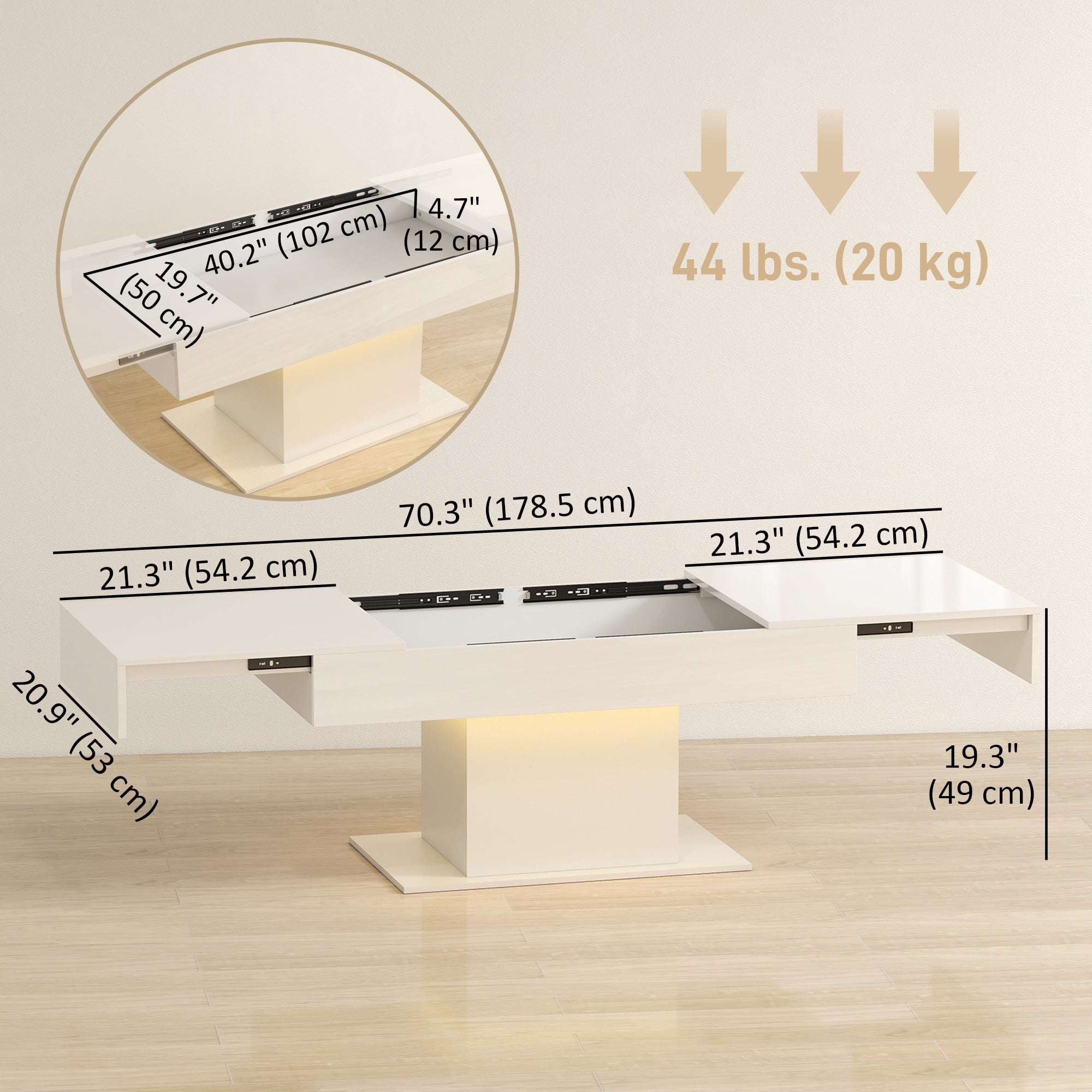 Bryce Extendable Coffee Table with LED Lights, Modern High Gloss Center Table with Hidden Storage for Living Room, White