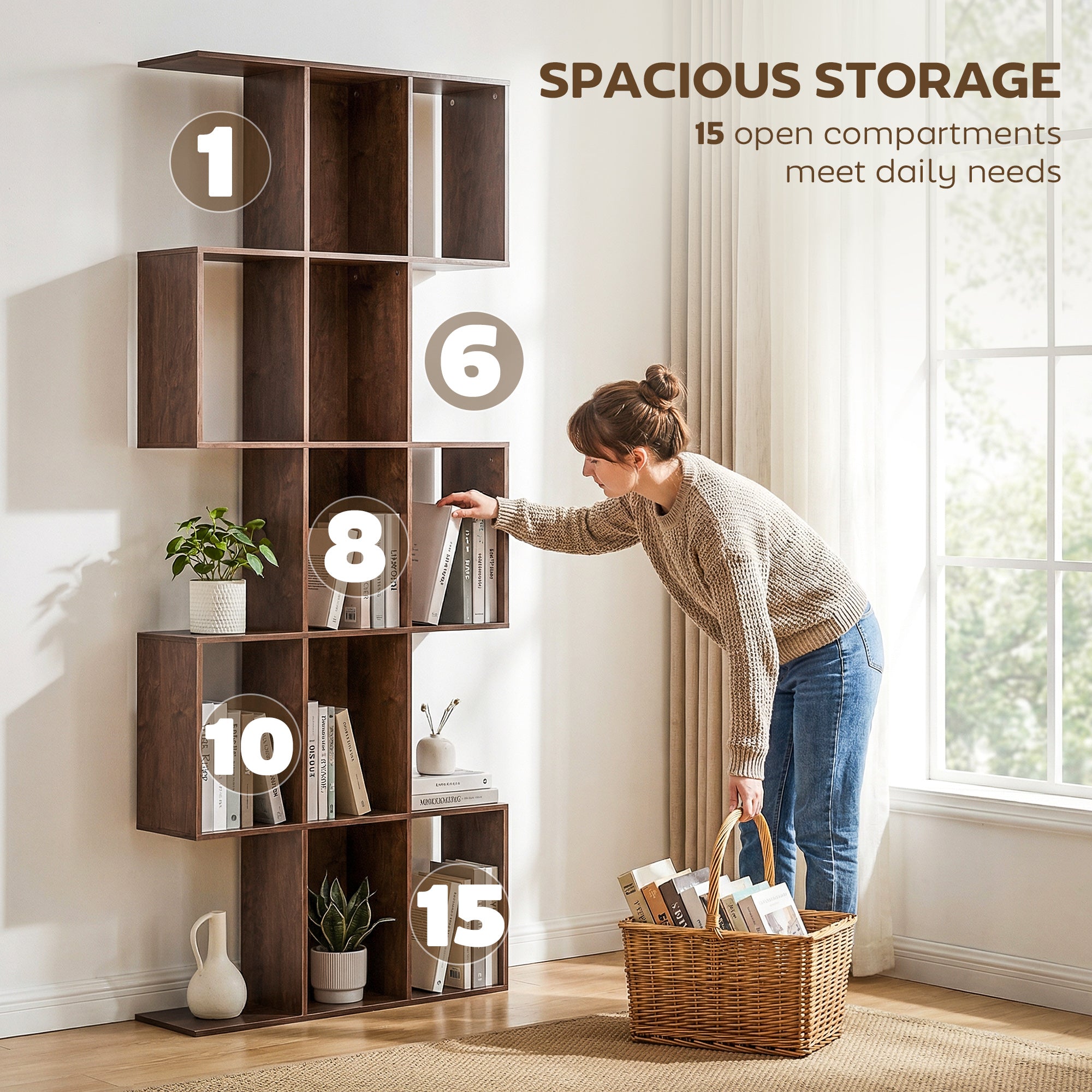 Ari 5-Tier S Shaped Geometric Bookshelf with 15 Compartments-Brown Wood Grain