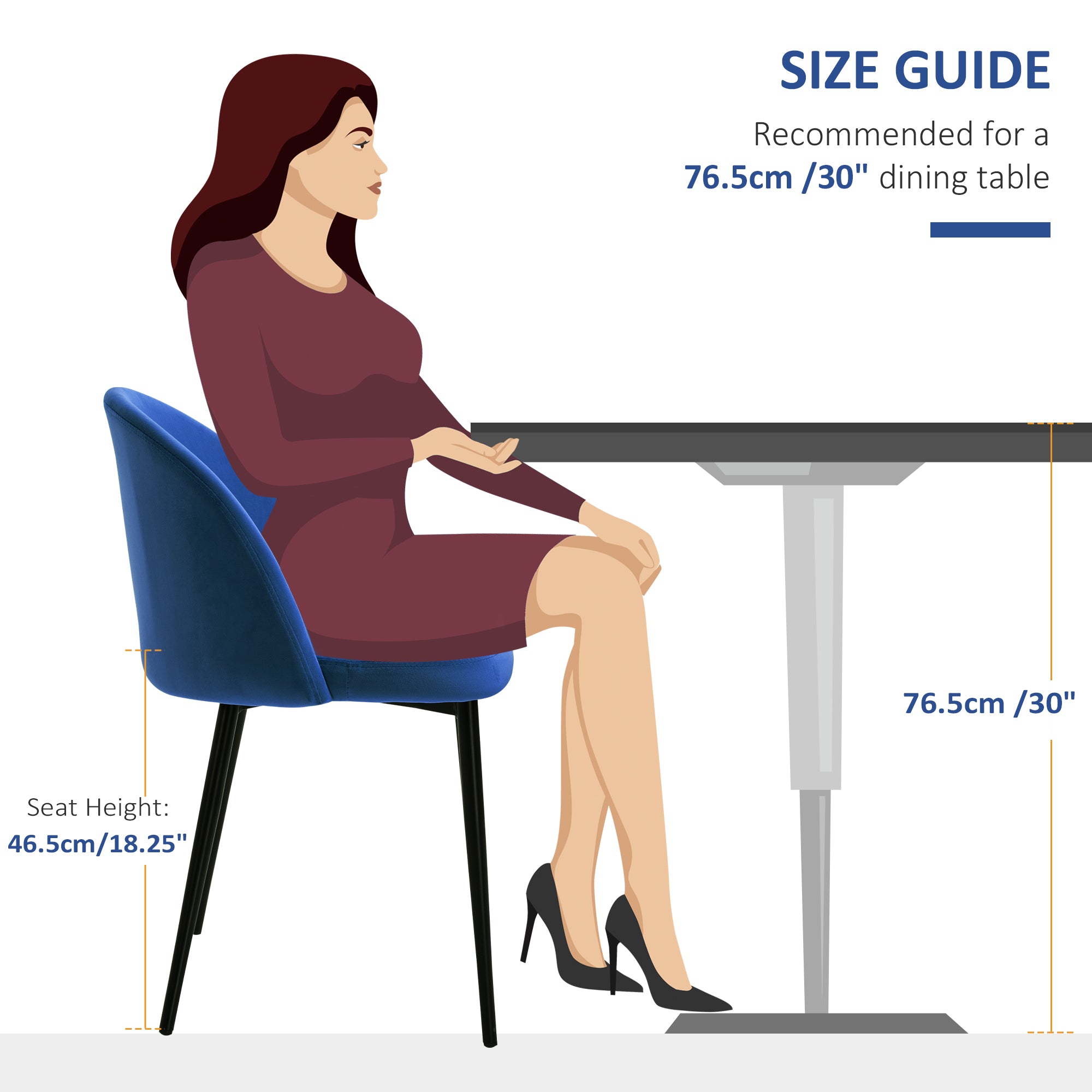 Dylan Set of 2 Mid-Back Dining Chair, Mid-Back Velvet-touch Upholstery Kitchen Chair for Living Room Dining Room, Dark Blue