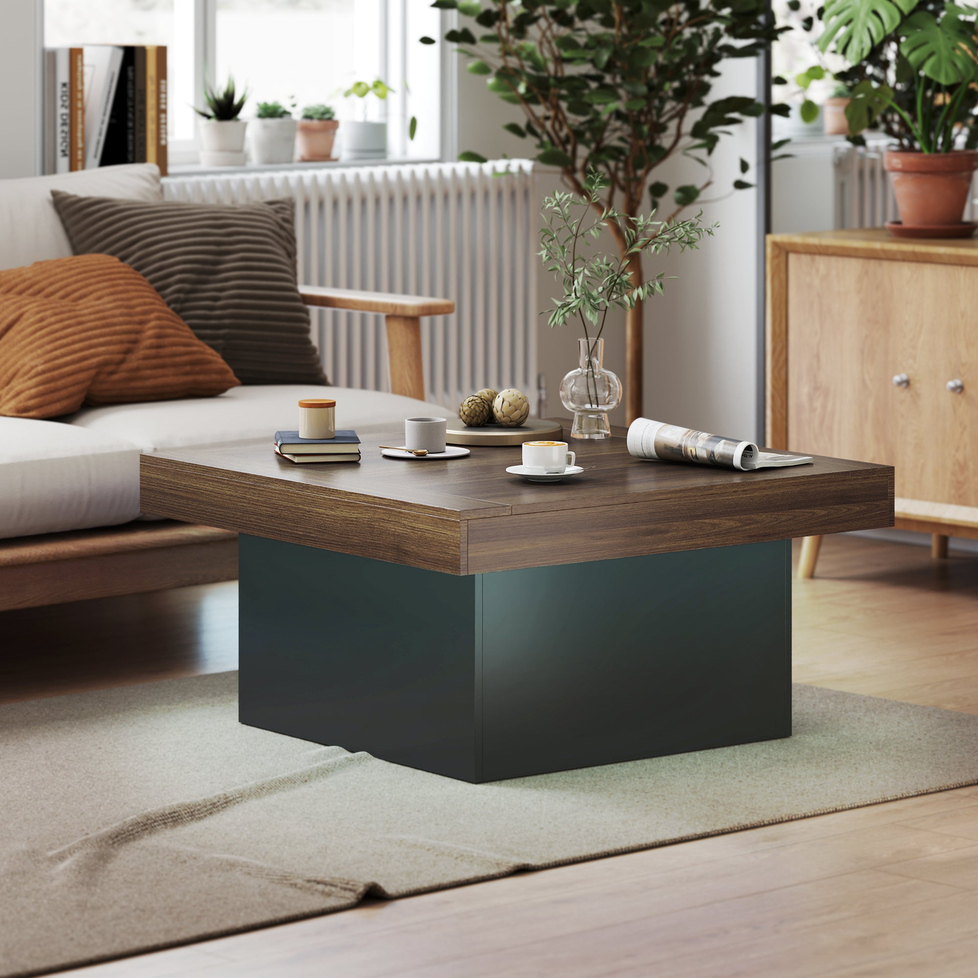 Aster Square Coffee Table with 16-Colour LED Lights, 35-inch Modern Center Table for Living Room, Walnut