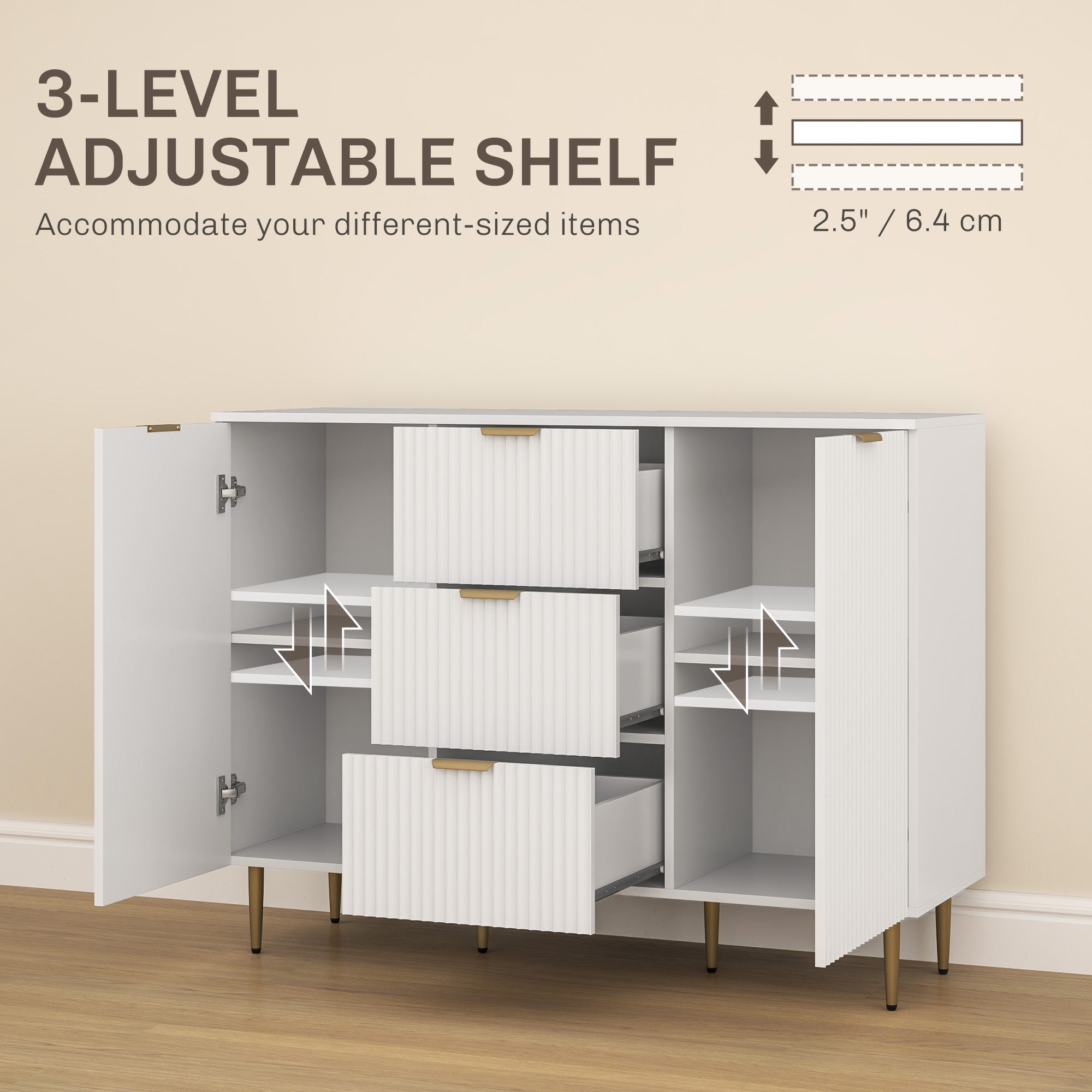 Ellis Modern Kitchen Storage Cabinet, Sideboard Buffet Cabinet w/ 3 Drawers and Adjustable Shelves for Kitchen Hallway, White