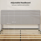 Riley Queen Size Bed Frame with Adjustable Upholstered Headboard Platform Bed Frame Wood Slat Support Noise Free Light Grey