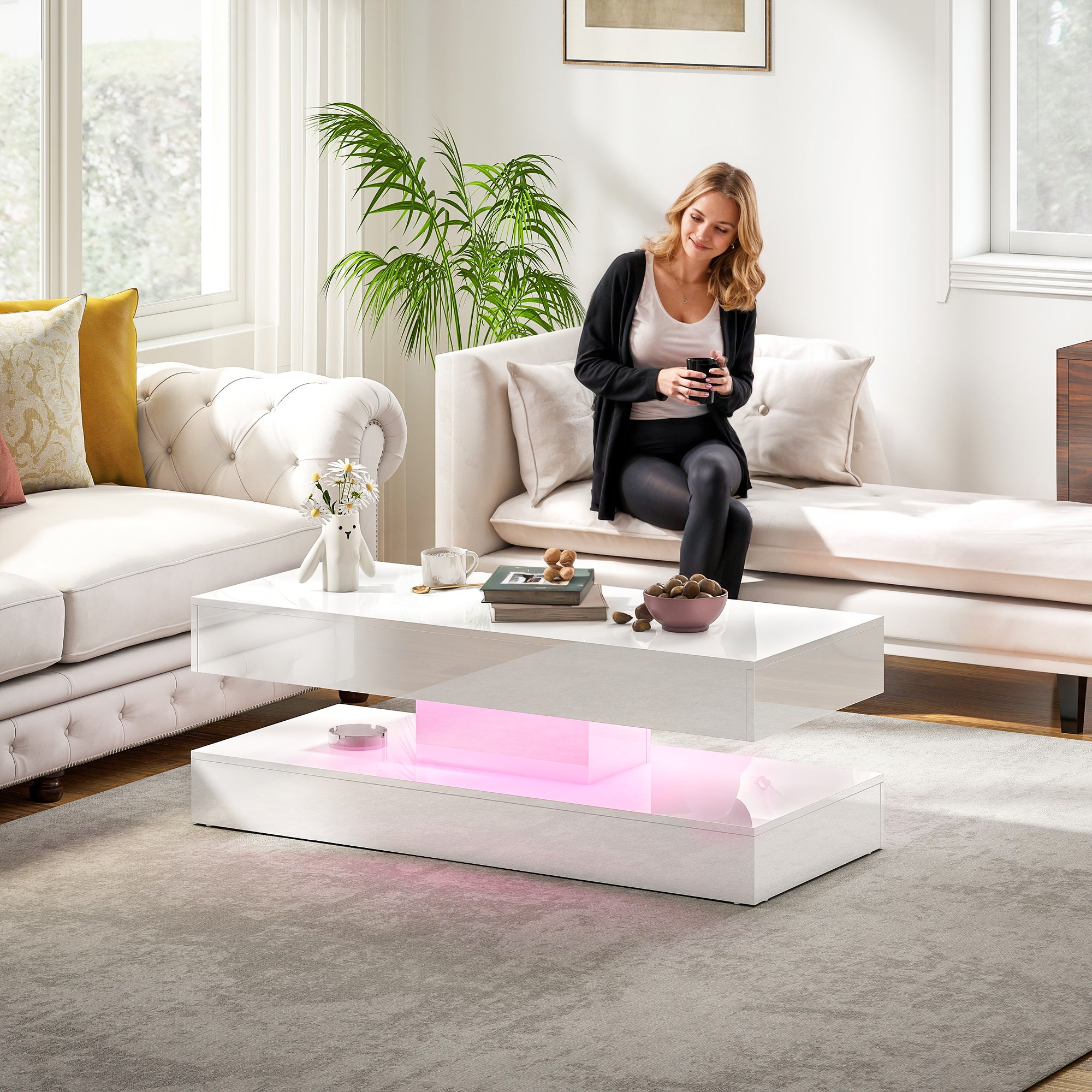 Erin Modern Coffee Table with 2 Drawers and Adjustable LED Lights-High Gloss White