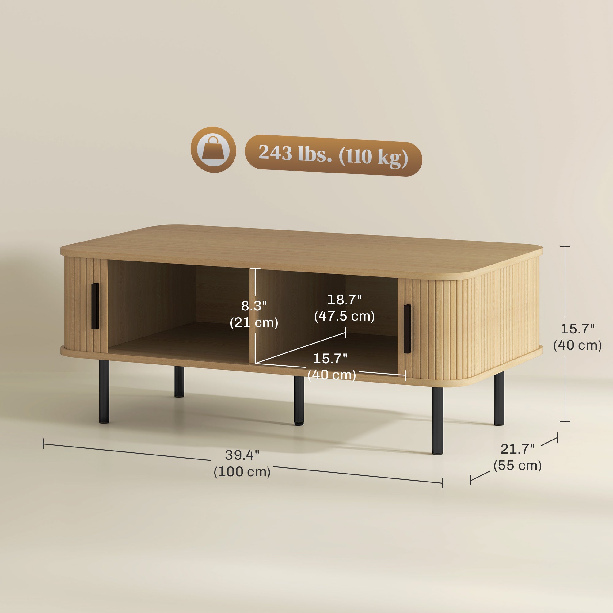 Brighton Coffee Table with Storage and Slatted Tambour Sliding Doors-Oak