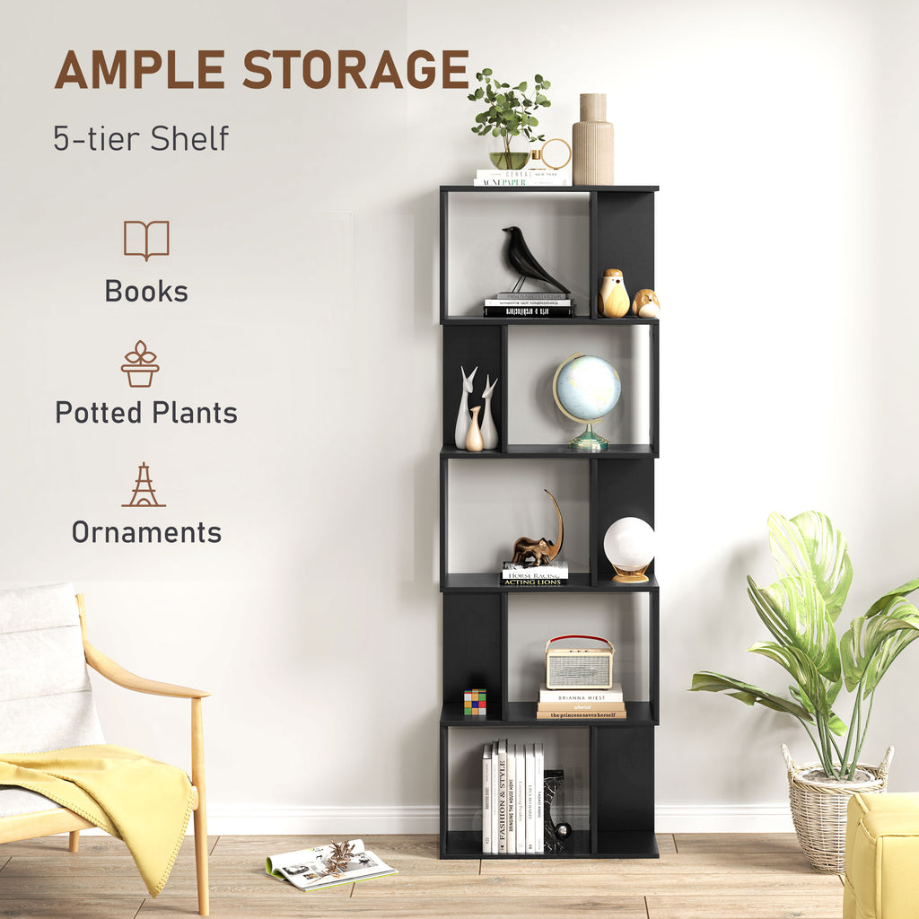 Nevada Modern 5-Tier Geometric S-Shaped Bookcase-Black
