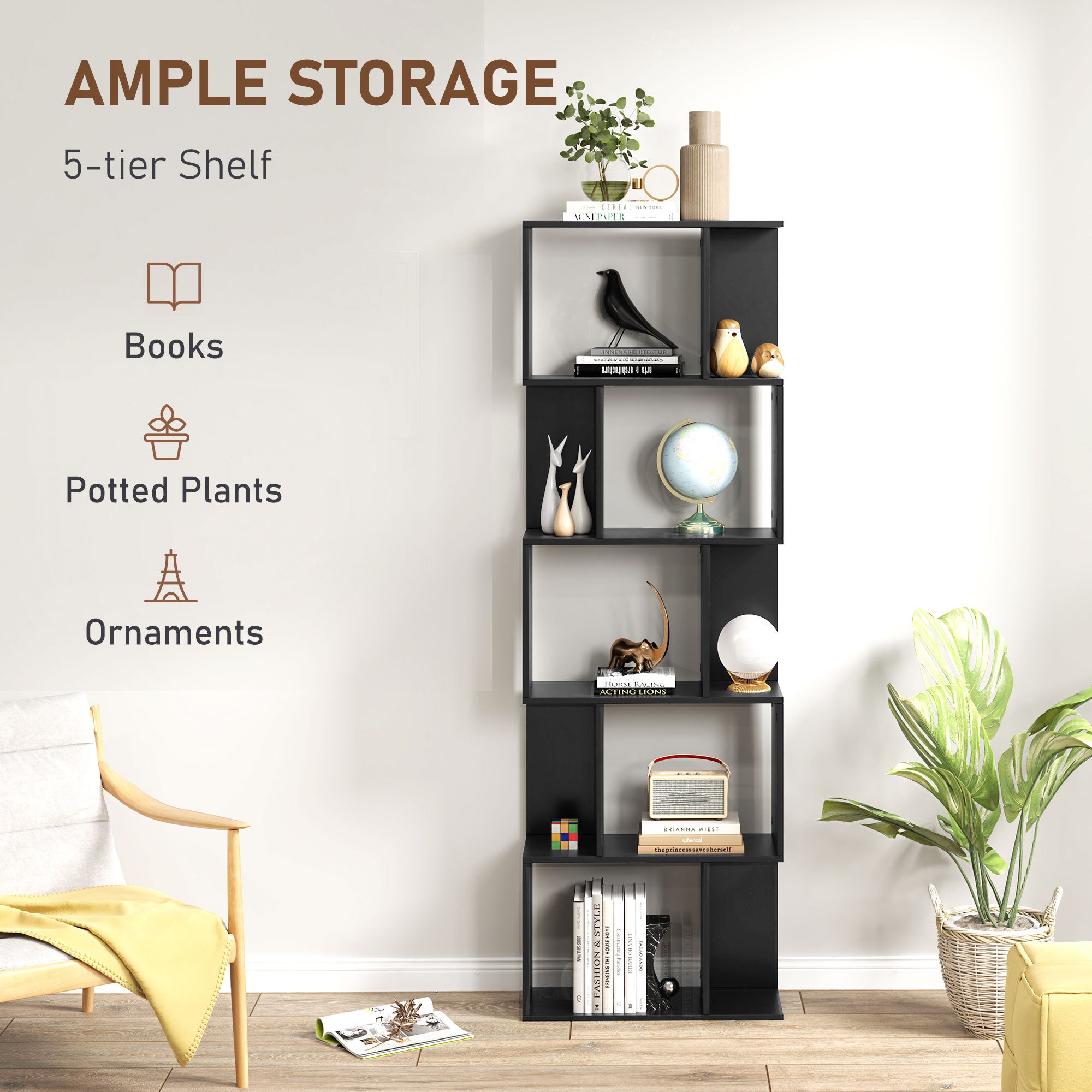 Nevada Modern 5-Tier Geometric S-Shaped Bookcase-Black