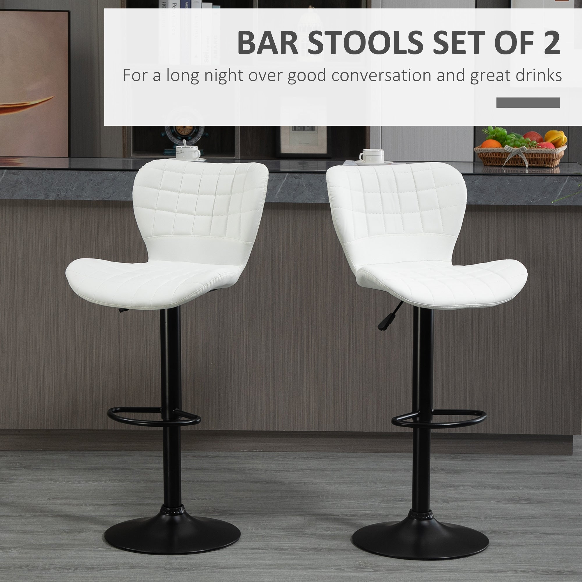 Avion Bar Stools Set of 2 Adjustable Height Swivel Bar Chairs in PU Leather with Backrest & Footrest, White
