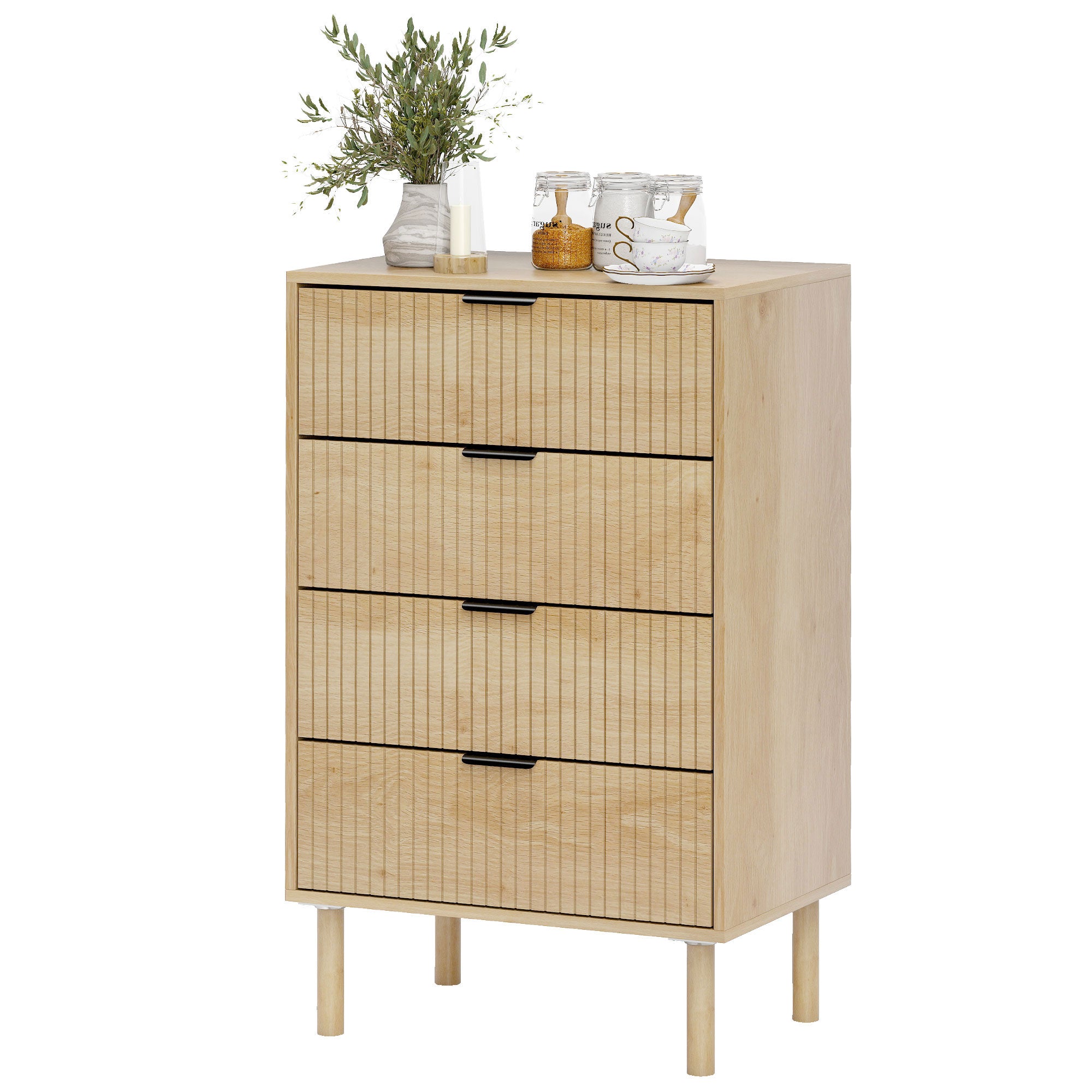 Jesse Bedroom Chest of Drawers, 4 Drawer Dresser with Fluted Panels and Solid Wood Legs, Storage Cabinet for Living Room, Oak