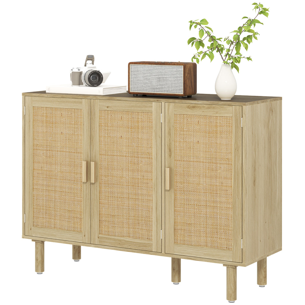 Quinn Bohemian Sideboard, 46.9" Buffet Cabinet with 3 Rattan Doors and Shelves for Living Room, Hallway, Oak