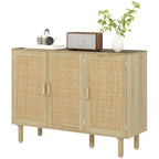 Quinn Bohemian Sideboard, 46.9" Buffet Cabinet with 3 Rattan Doors and Shelves for Living Room, Hallway, Oak