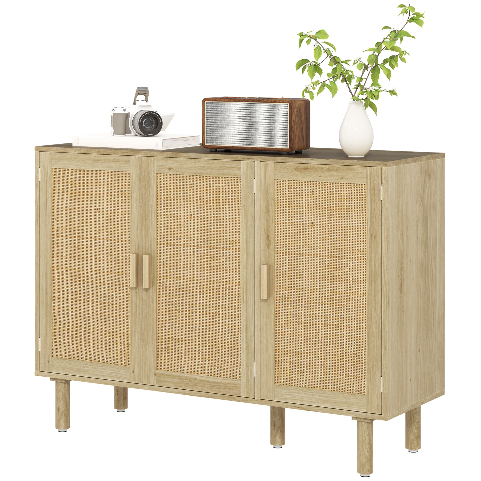 Quinn Bohemian Sideboard, 46.9" Buffet Cabinet with 3 Rattan Doors and Shelves for Living Room, Hallway, Oak