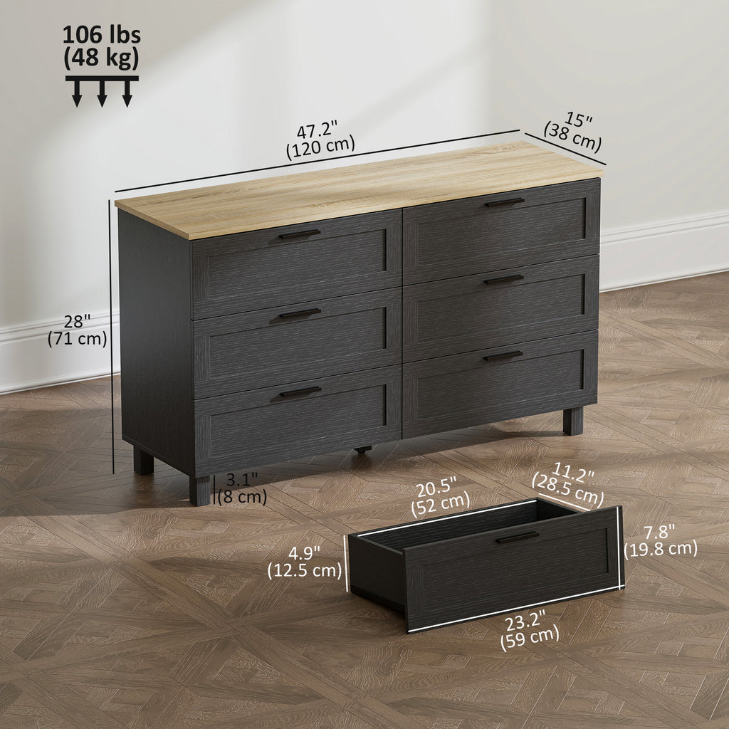 Martha 47" Wide Modern Dresser with 6 Drawers for Bedroom, Living Room and Entryway-Black