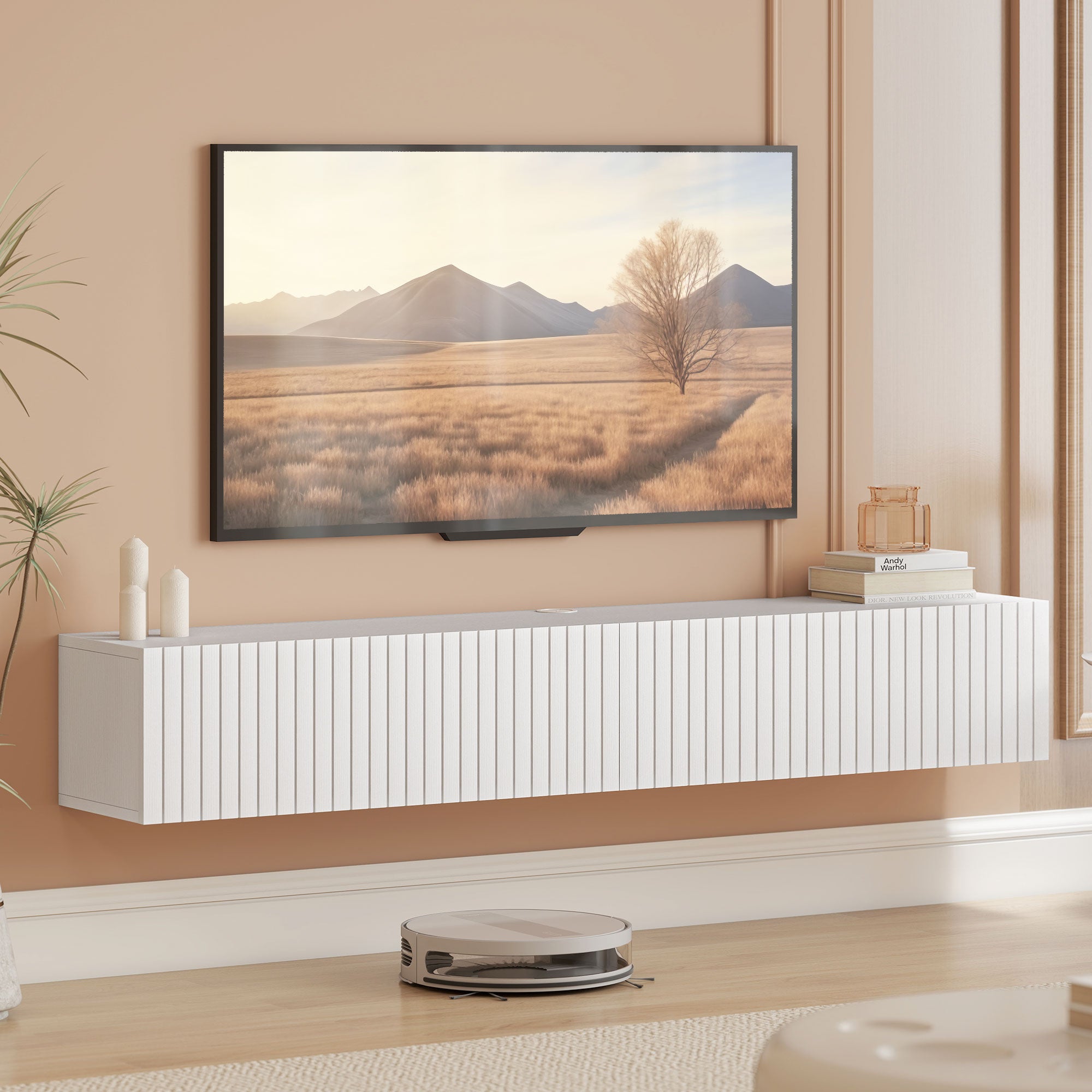  Wall Mount Media Console with 2 Fluted Flip-Down Doors