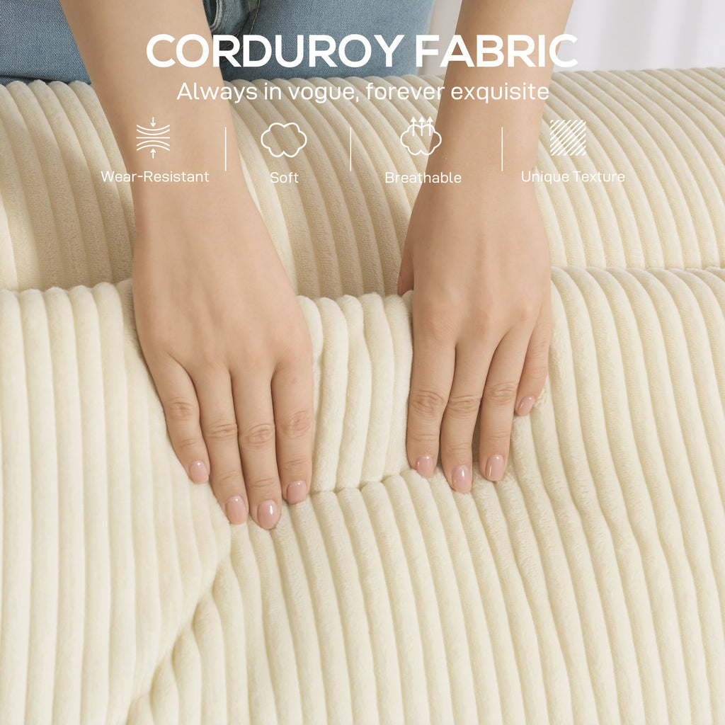 IVAN Boneless Couch, Corduroy 3 Seater Sofa with Deep Seat, Wide Armrests, 2 Pillows, Quick Assembly for Living Room, Beige