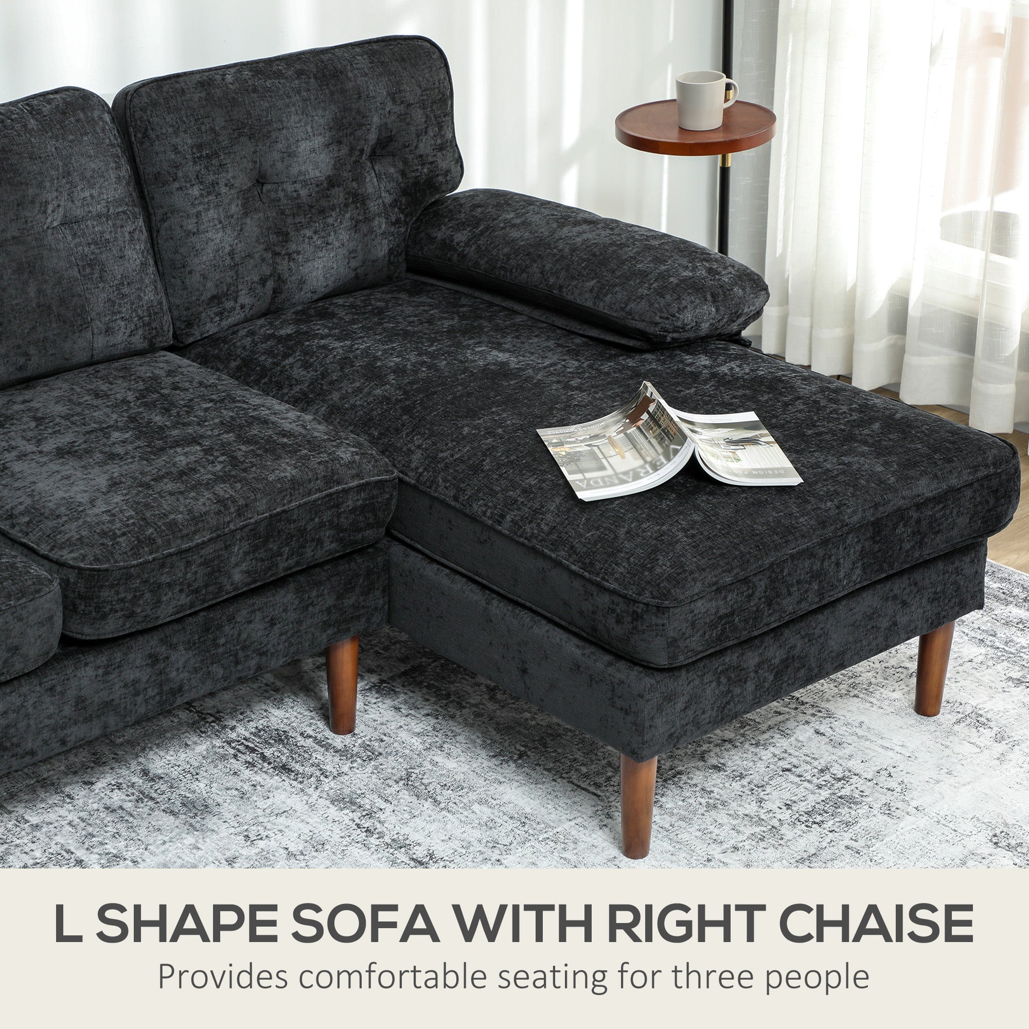 Halston Modern RHF Sectional with Tufted 3-Seater Cushions and Wooden Legs-Black