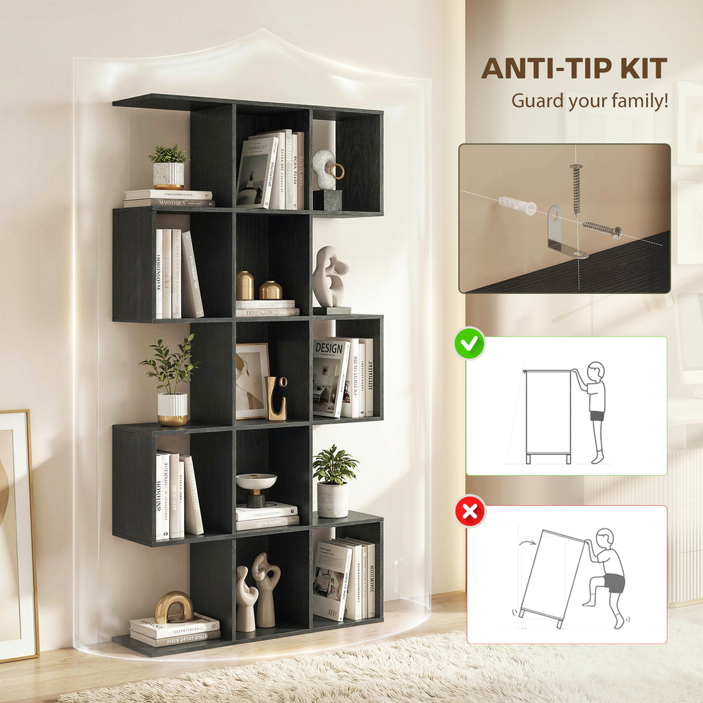 Ari 5-Tier S Shaped Geometric Bookshelf with 15 Compartments-Black