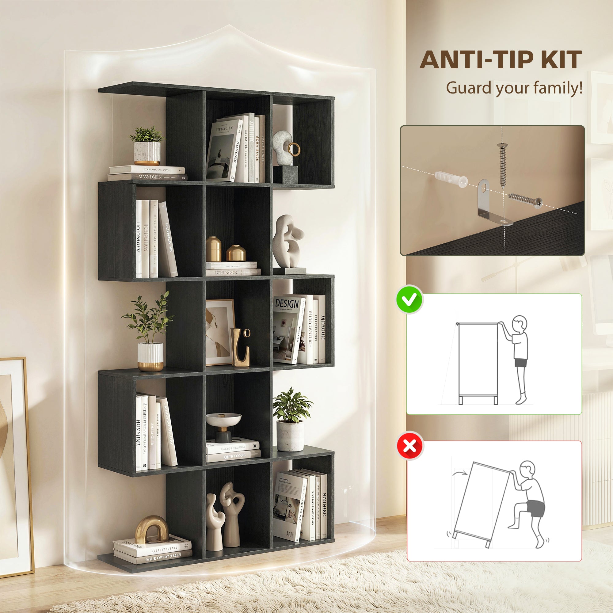 Ari 5-Tier S Shaped Geometric Bookshelf with 15 Compartments-Black