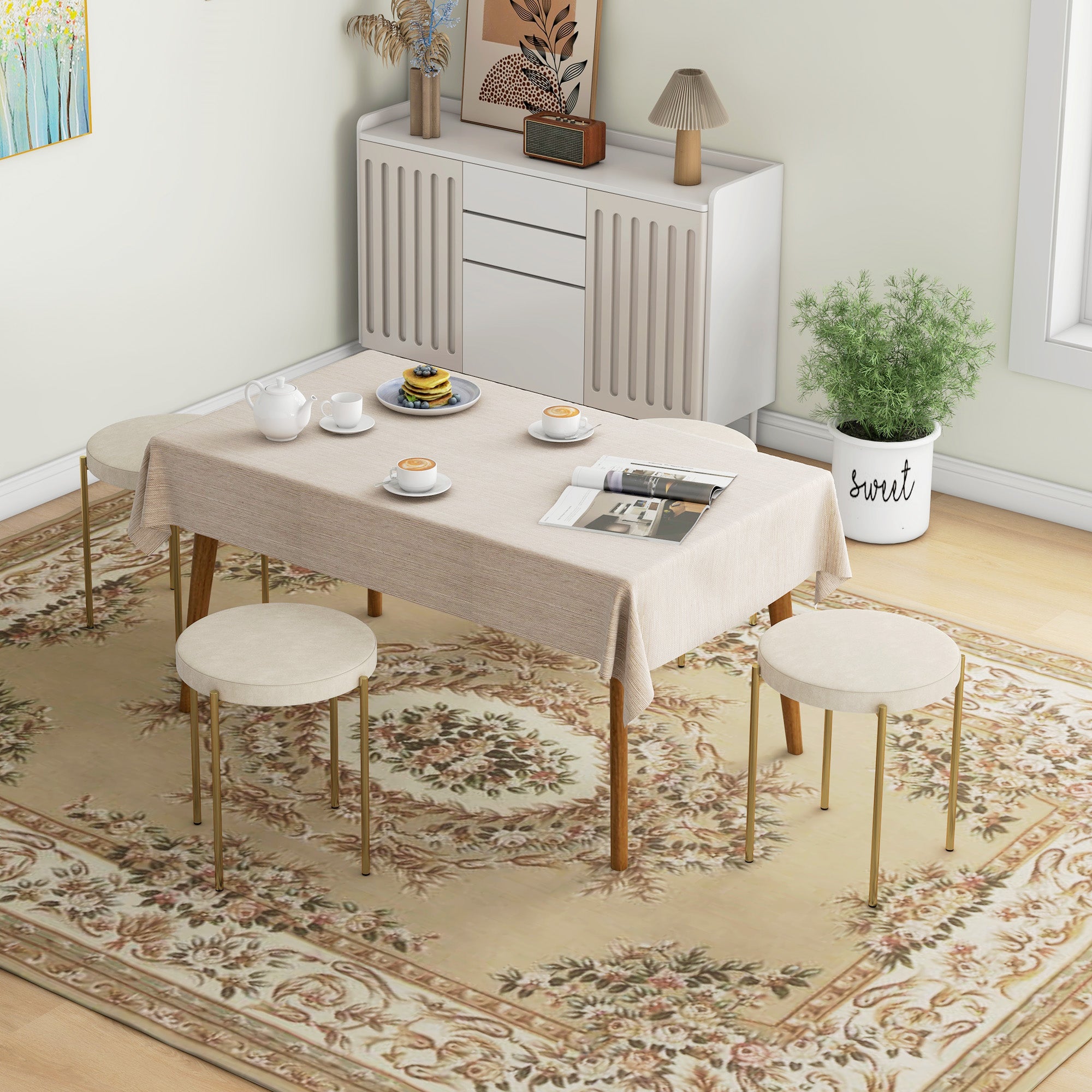 Noel Backless Round Dining Chairs, Modern Stacking Stools Set of 4, Kitchen Chairs with Metal Legs, Cream White